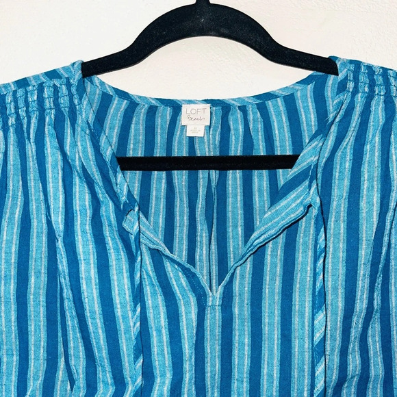 LOFT Beach Teal & Blue Striped Split Neck Popover Top Medium Women’s - Picture 2 of 11